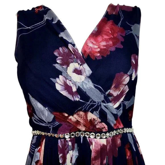 Alexa B Nites Dress Womens‎ Size 6 Blue Floral Sleeveless Pullover Jeweled Mesh - Picture 2 of 6